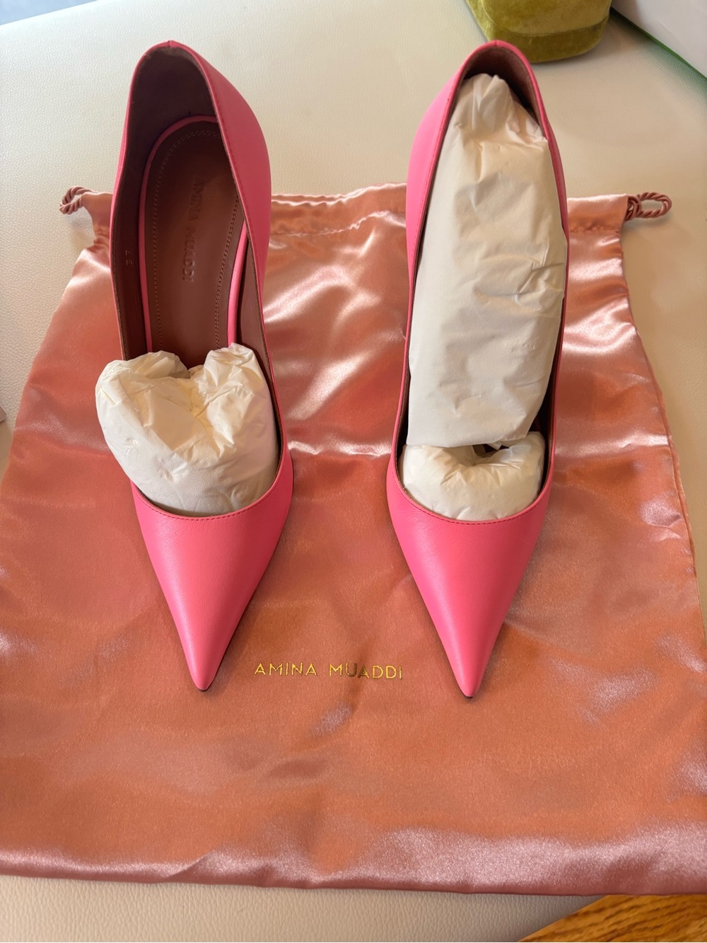 Amina Muaddi Hot Pink Pointed-Toe Leather Pumps